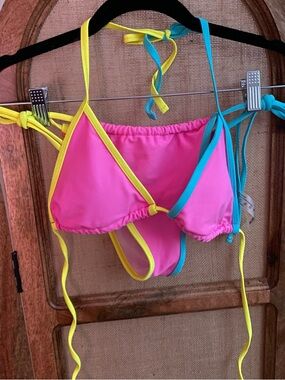 Neon Pink Triangle Bikini Top with Yellow & Teal Trim